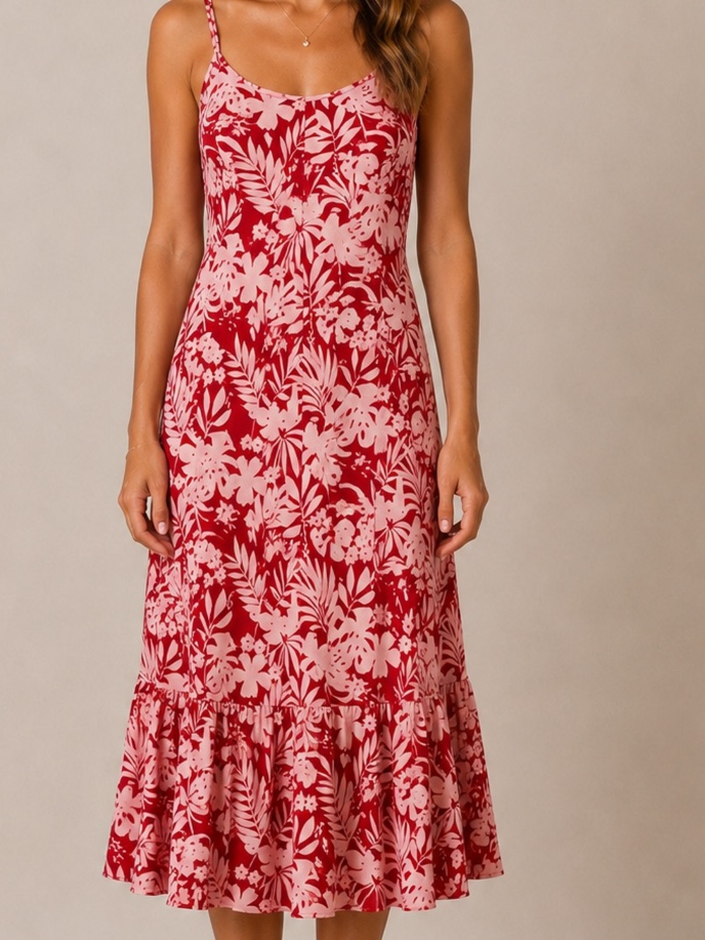 Mondetta Tropical Maxi Dress Pink Red | Spaghetti Strap Summer Sz L